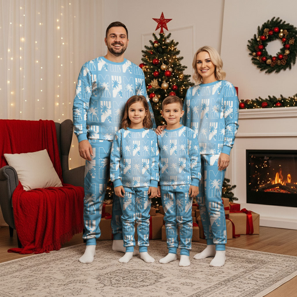 Bula Fiji Christmas Pajama Set Blue Makare Masi Tapa Pattern LT05 - Polynesian Pride