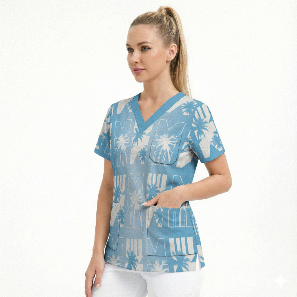 Bula Fiji Scrub Top Blue Makare Masi Tapa Pattern LT05 - Polynesian Pride
