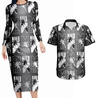Bula Fiji Couples Matching Long Sleeve Bodycon Dress and Hawaiian Shirt Black Makare Masi Tapa Pattern LT05 Black - Polynesian Pride