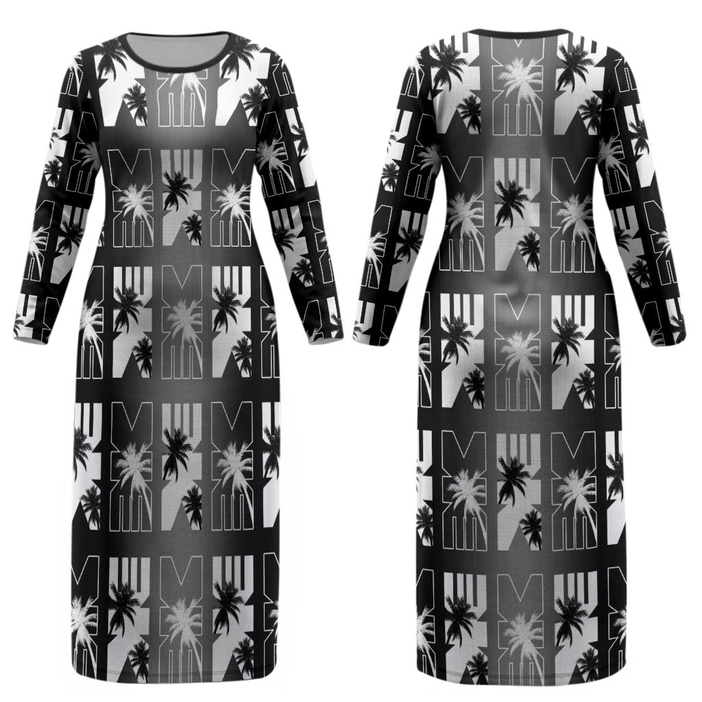 Bula Fiji Couples Matching Long Sleeve Bodycon Dress and Long Sleeve Button Shirt Black Makare Masi Tapa Pattern LT05 - Polynesian Pride