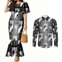 Bula Fiji Couples Matching Mermaid Dress and Long Sleeve Button Shirt Black Makare Masi Tapa Pattern LT05 Black - Polynesian Pride
