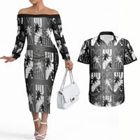 Bula Fiji Couples Matching Off The Shoulder Long Sleeve Dress and Hawaiian Shirt Black Makare Masi Tapa Pattern LT05 Black - Polynesian Pride