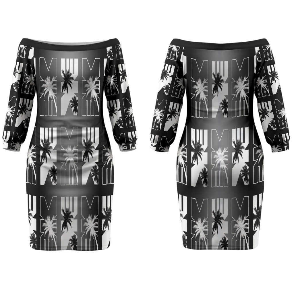 Bula Fiji Couples Matching Off The Shoulder Long Sleeve Dress and Hawaiian Shirt Black Makare Masi Tapa Pattern LT05 - Polynesian Pride