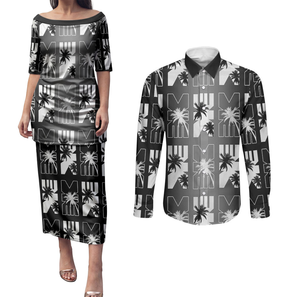 Bula Fiji Couples Matching Puletasi and Long Sleeve Button Shirt Black Makare Masi Tapa Pattern LT05 Black - Polynesian Pride