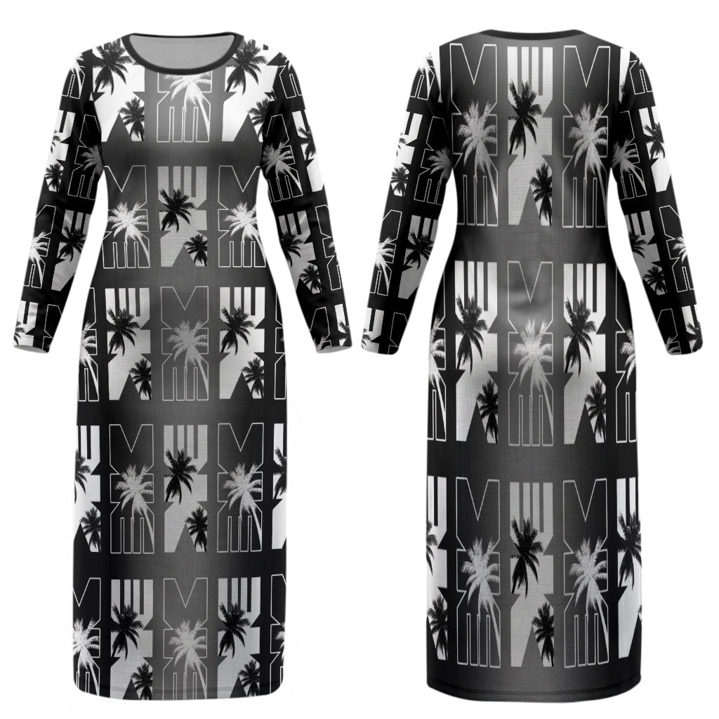 Bula Fiji Family Matching Long Sleeve Bodycon Dress and Hawaiian Shirt Black Makare Masi Tapa Pattern LT05 Mom's Dress Black - Polynesian Pride