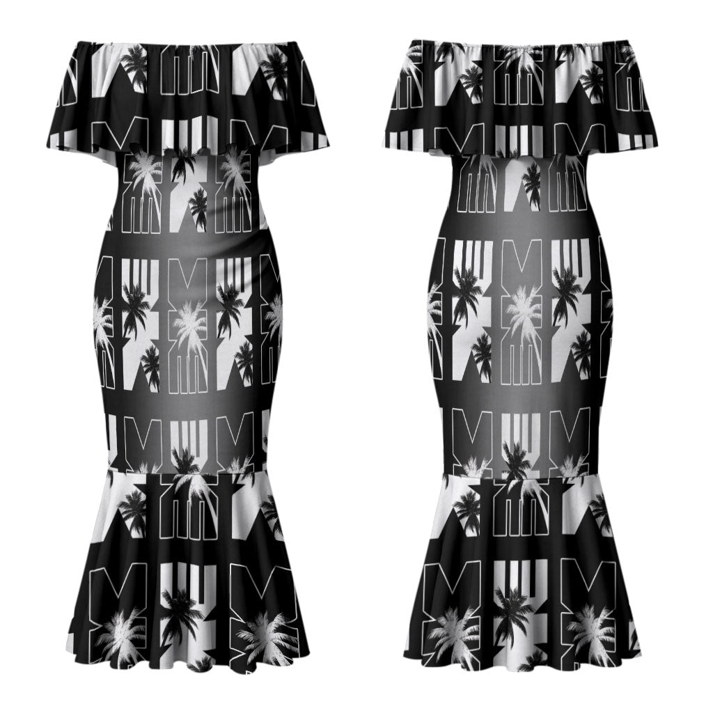 Bula Fiji Family Matching Mermaid Dress and Hawaiian Shirt Black Makare Masi Tapa Pattern LT05 Mom's Dress Black - Polynesian Pride