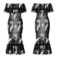 Bula Fiji Family Matching Mermaid Dress and Hawaiian Shirt Black Makare Masi Tapa Pattern LT05 Mom's Dress Black - Polynesian Pride