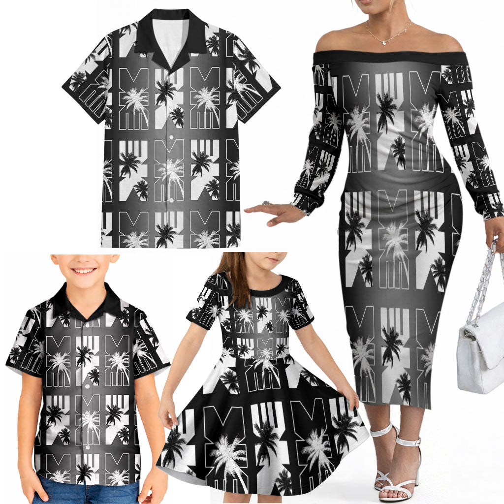 Bula Fiji Family Matching Off The Shoulder Long Sleeve Dress and Hawaiian Shirt Black Makare Masi Tapa Pattern LT05 - Polynesian Pride