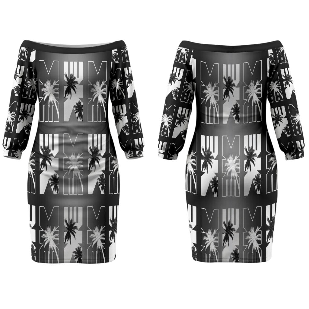 Bula Fiji Family Matching Off The Shoulder Long Sleeve Dress and Hawaiian Shirt Black Makare Masi Tapa Pattern LT05 Mom's Dress Black - Polynesian Pride