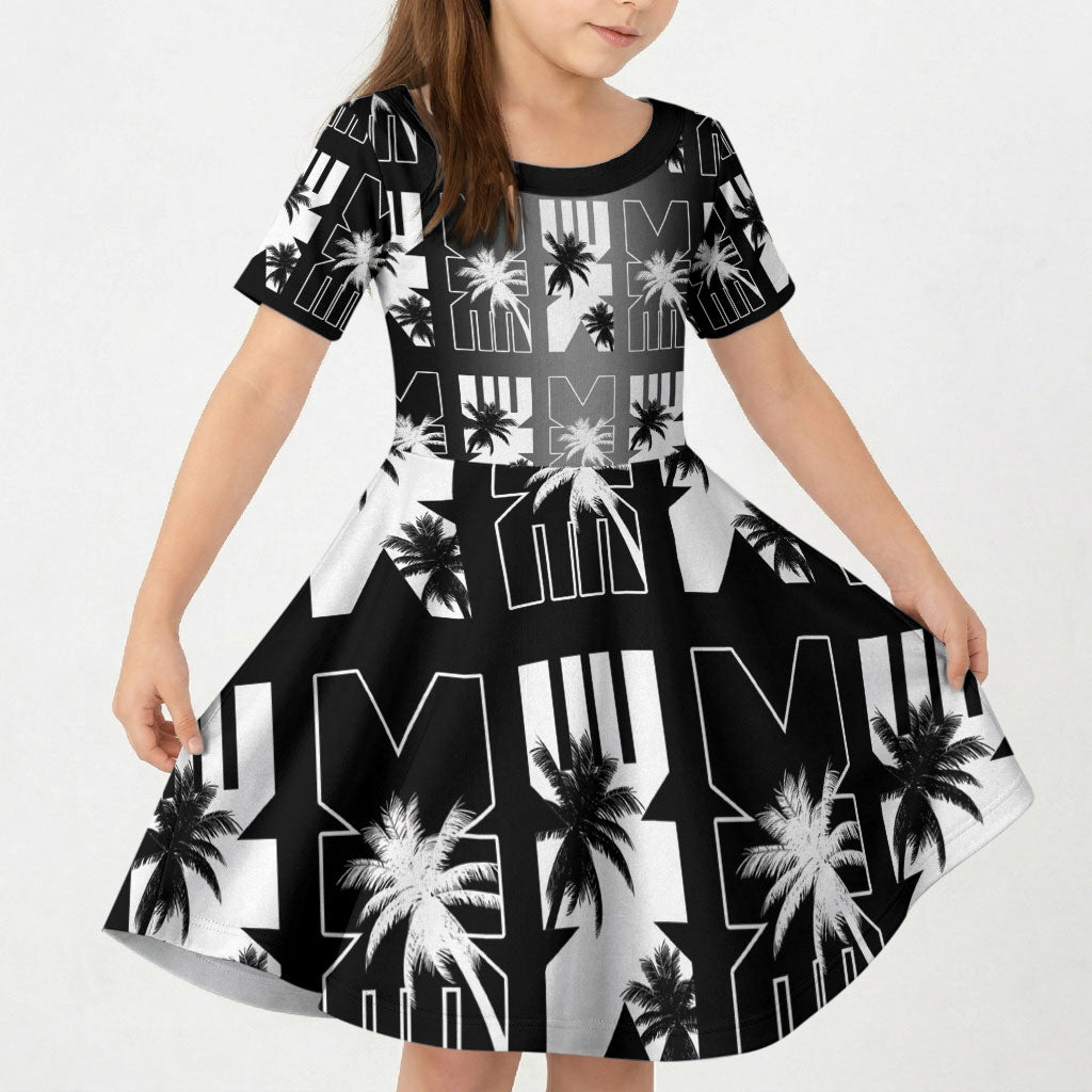 Bula Fiji Kid Short Sleeve Dress Black Makare Masi Tapa Pattern LT05 KID Black - Polynesian Pride