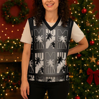 Bula Fiji Christmas Knitted V-Neck Vest Black Makare Masi Tapa Pattern LT05 - Polynesian Pride