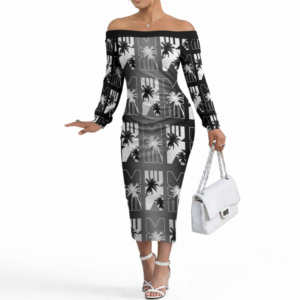 Bula Fiji Off The Shoulder Long Sleeve Dress Black Makare Masi Tapa Pattern LT05 Women Black - Polynesian Pride