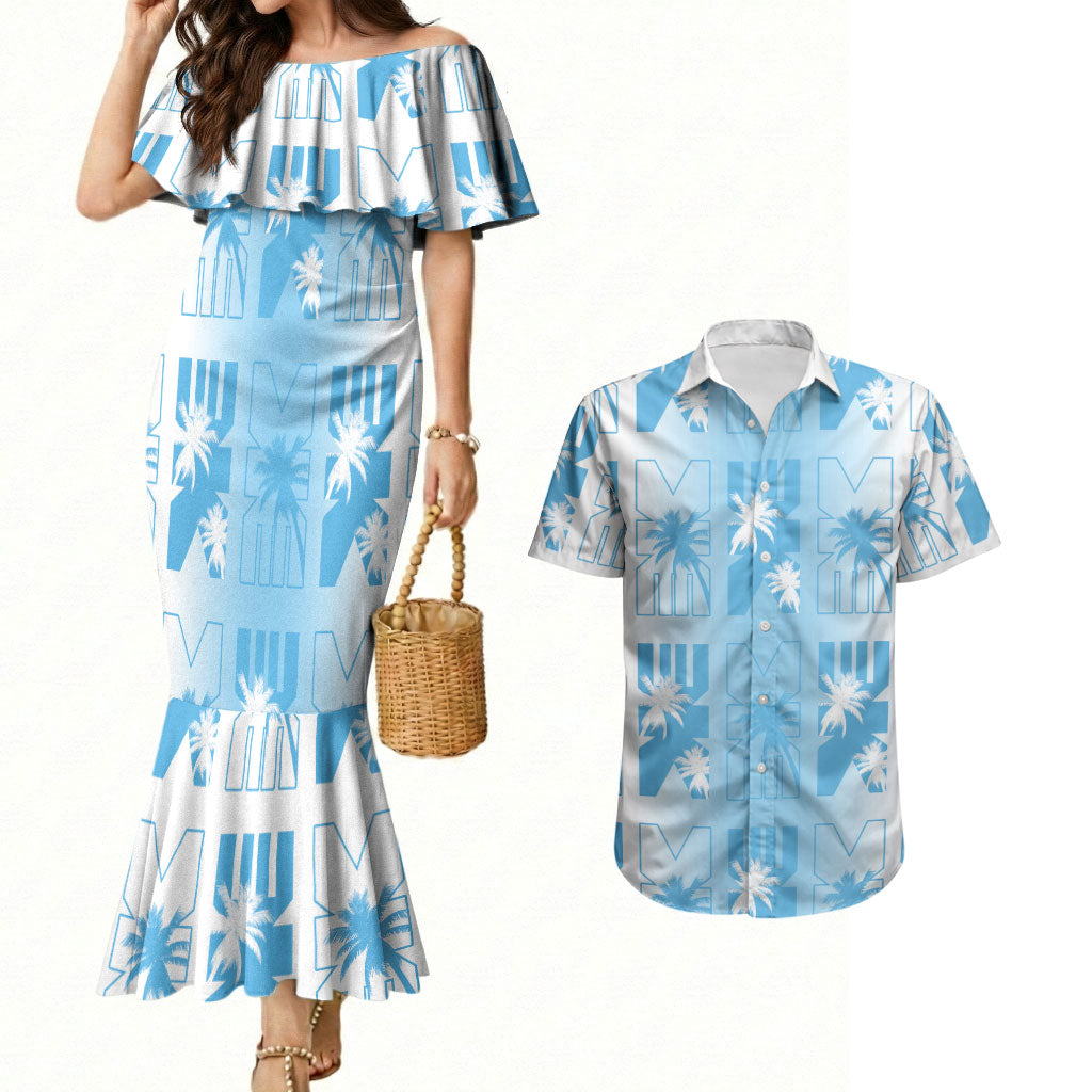 Bula Fiji Couples Matching Mermaid Dress and Hawaiian Shirt White Makare Masi Tapa Pattern LT05 White - Polynesian Pride