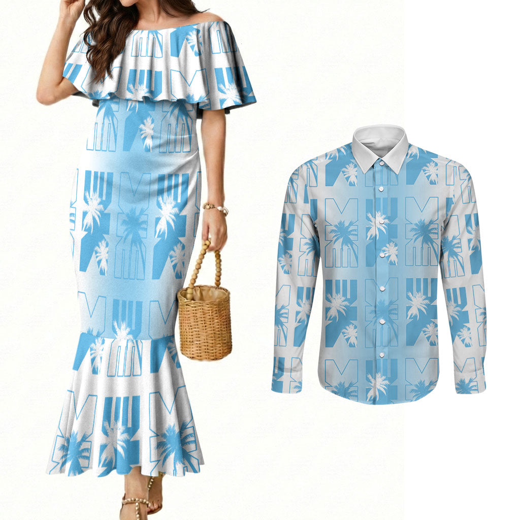 Bula Fiji Couples Matching Mermaid Dress and Long Sleeve Button Shirt White Makare Masi Tapa Pattern LT05 White - Polynesian Pride