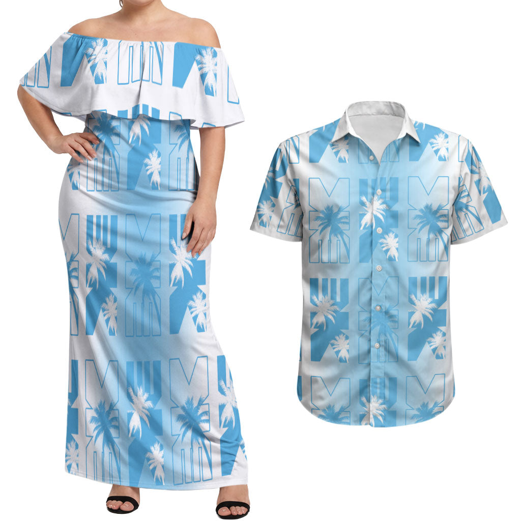 Bula Fiji Couples Matching Off Shoulder Maxi Dress and Hawaiian Shirt White Makare Masi Tapa Pattern LT05 White - Polynesian Pride