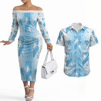 Bula Fiji Couples Matching Off The Shoulder Long Sleeve Dress and Hawaiian Shirt White Makare Masi Tapa Pattern LT05 White - Polynesian Pride