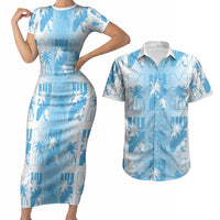Bula Fiji Couples Matching Short Sleeve Bodycon Dress and Hawaiian Shirt White Makare Masi Tapa Pattern LT05 White - Polynesian Pride