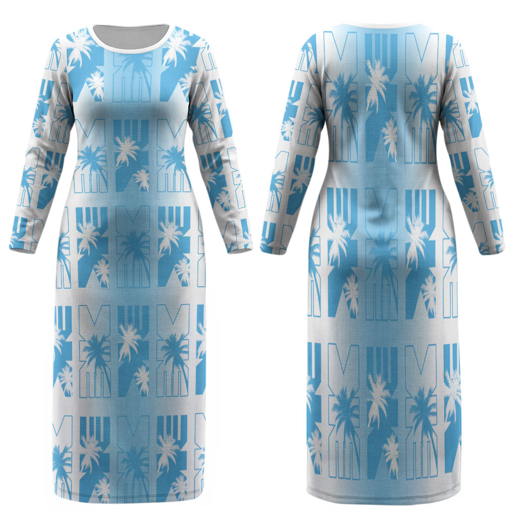 Bula Fiji Family Matching Long Sleeve Bodycon Dress and Hawaiian Shirt White Makare Masi Tapa Pattern LT05 Mom's Dress White - Polynesian Pride