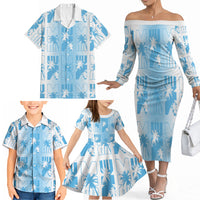Bula Fiji Family Matching Off The Shoulder Long Sleeve Dress and Hawaiian Shirt White Makare Masi Tapa Pattern LT05 - Polynesian Pride