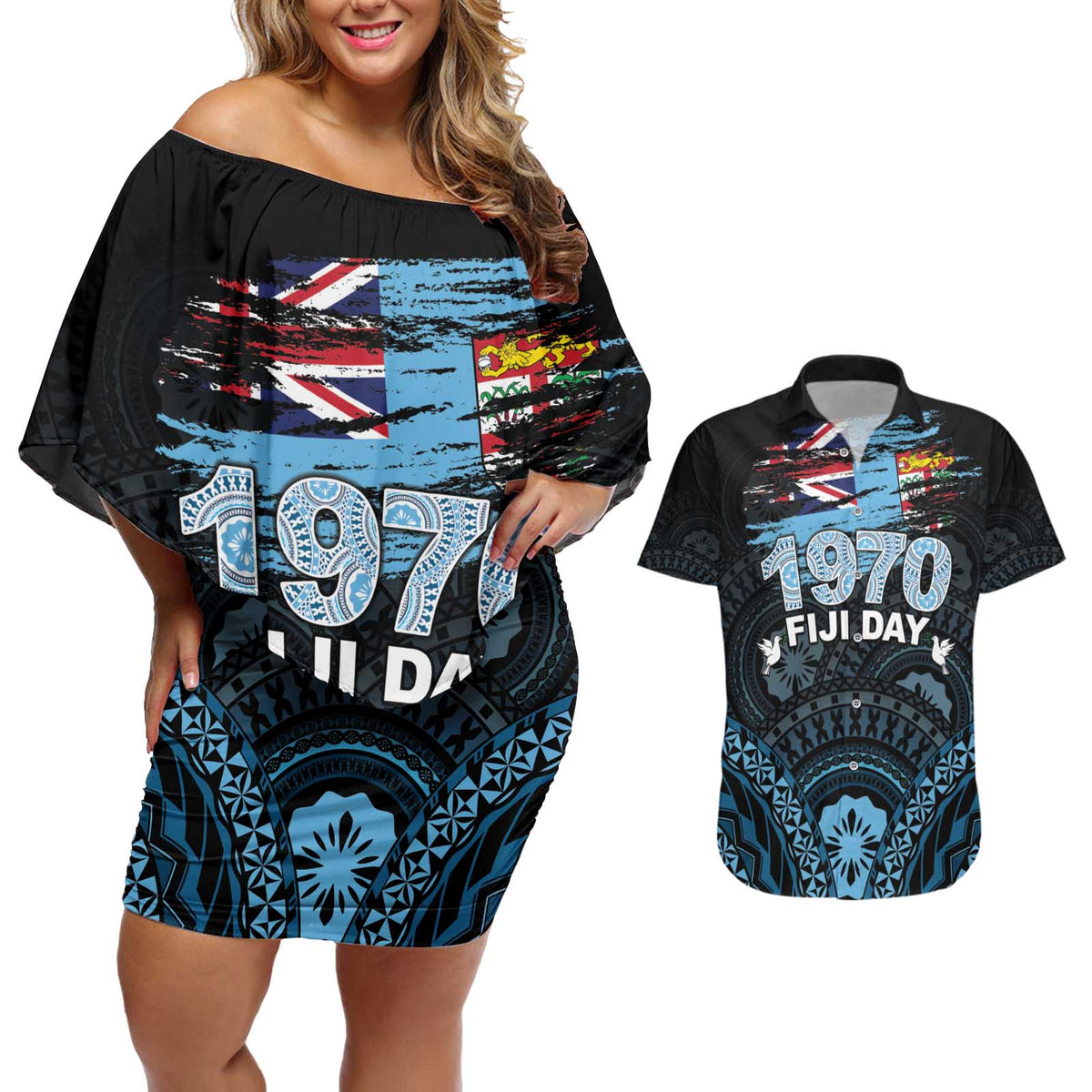 Personalised Happy Fiji Day 1970 Couples Matching Off Shoulder Short Dress and Hawaiian Shirt Flag Grunge Style LT05 Black - Polynesian Pride