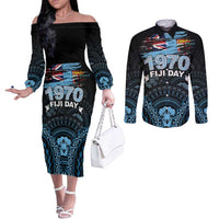 Personalised Happy Fiji Day 1970 Couples Matching Off The Shoulder Long Sleeve Dress and Long Sleeve Button Shirt Flag Grunge Style LT05 Black - Polynesian Pride