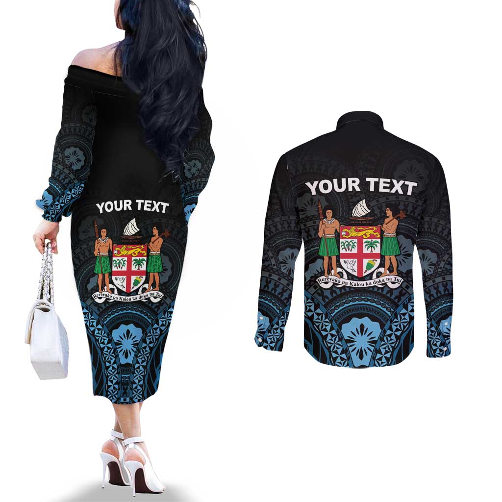 Personalised Happy Fiji Day 1970 Couples Matching Off The Shoulder Long Sleeve Dress and Long Sleeve Button Shirt Flag Grunge Style LT05 - Polynesian Pride
