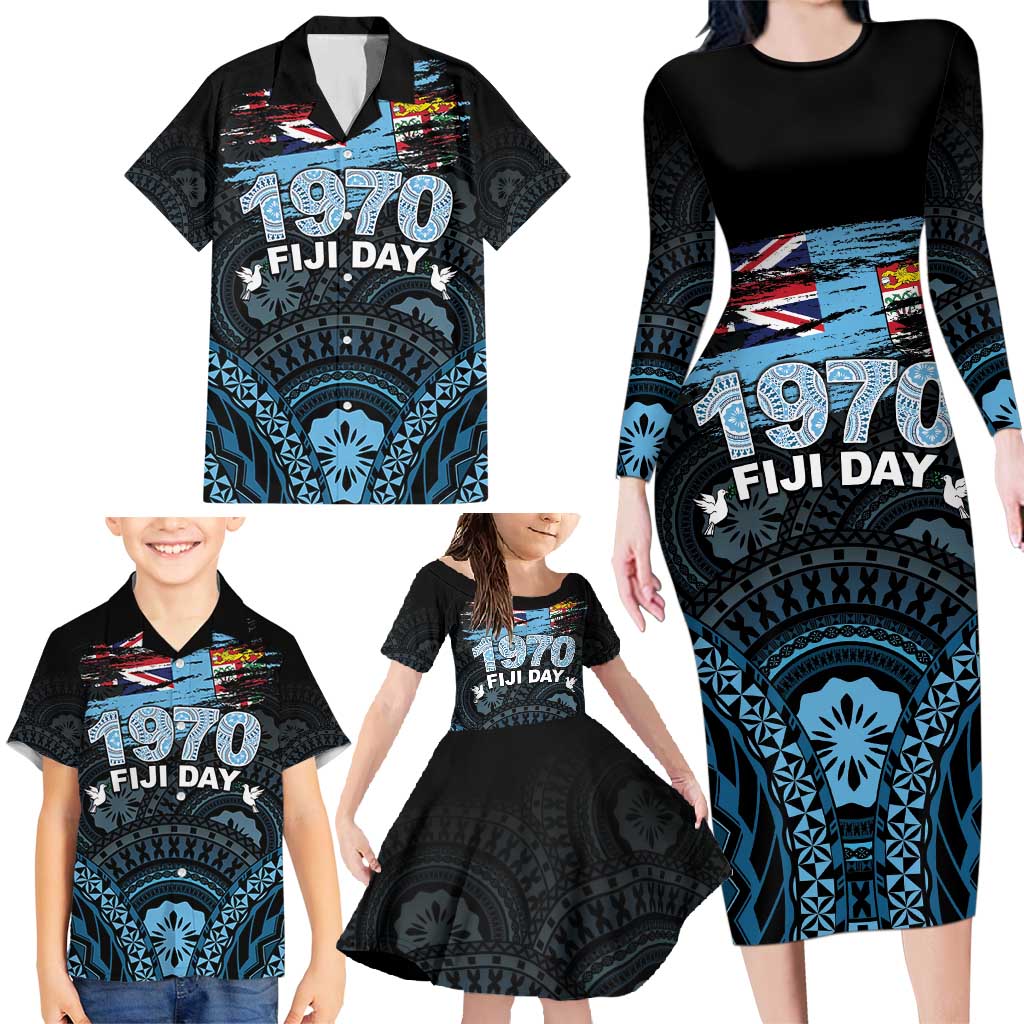 Personalised Happy Fiji Day 1970 Family Matching Long Sleeve Bodycon Dress and Hawaiian Shirt Flag Grunge Style LT05 - Polynesian Pride