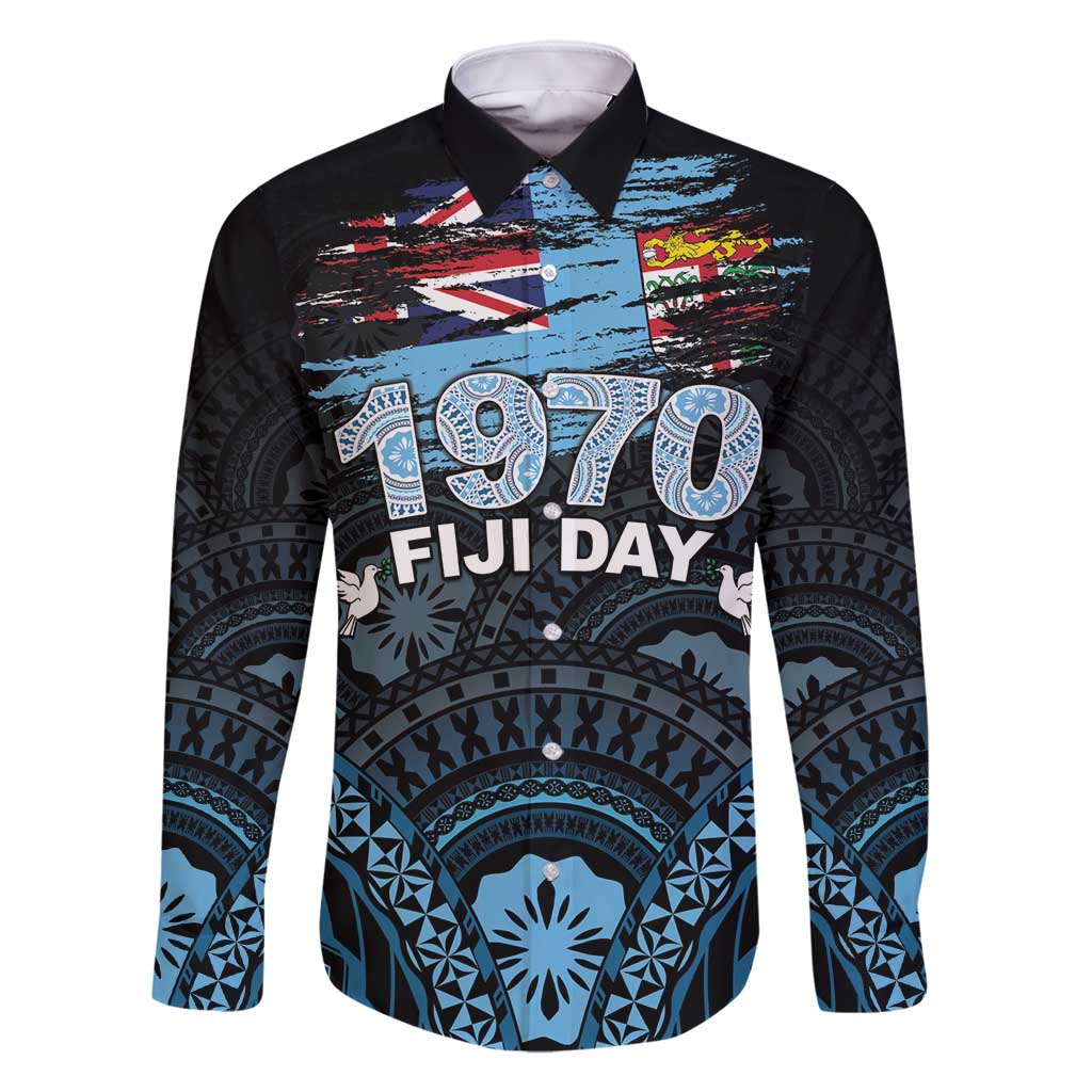 Personalised Happy Fiji Day 1970 Family Matching Long Sleeve Bodycon Dress and Hawaiian Shirt Flag Grunge Style LT05 Dad's Shirt - Long Sleeve Black - Polynesian Pride