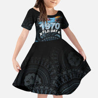 Personalised Happy Fiji Day 1970 Family Matching Off The Shoulder Long Sleeve Dress and Hawaiian Shirt Flag Grunge Style LT05 Daughter's Dress Black - Polynesian Pride