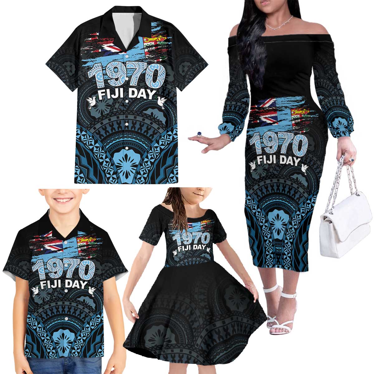 Personalised Happy Fiji Day 1970 Family Matching Off The Shoulder Long Sleeve Dress and Hawaiian Shirt Flag Grunge Style LT05 - Polynesian Pride