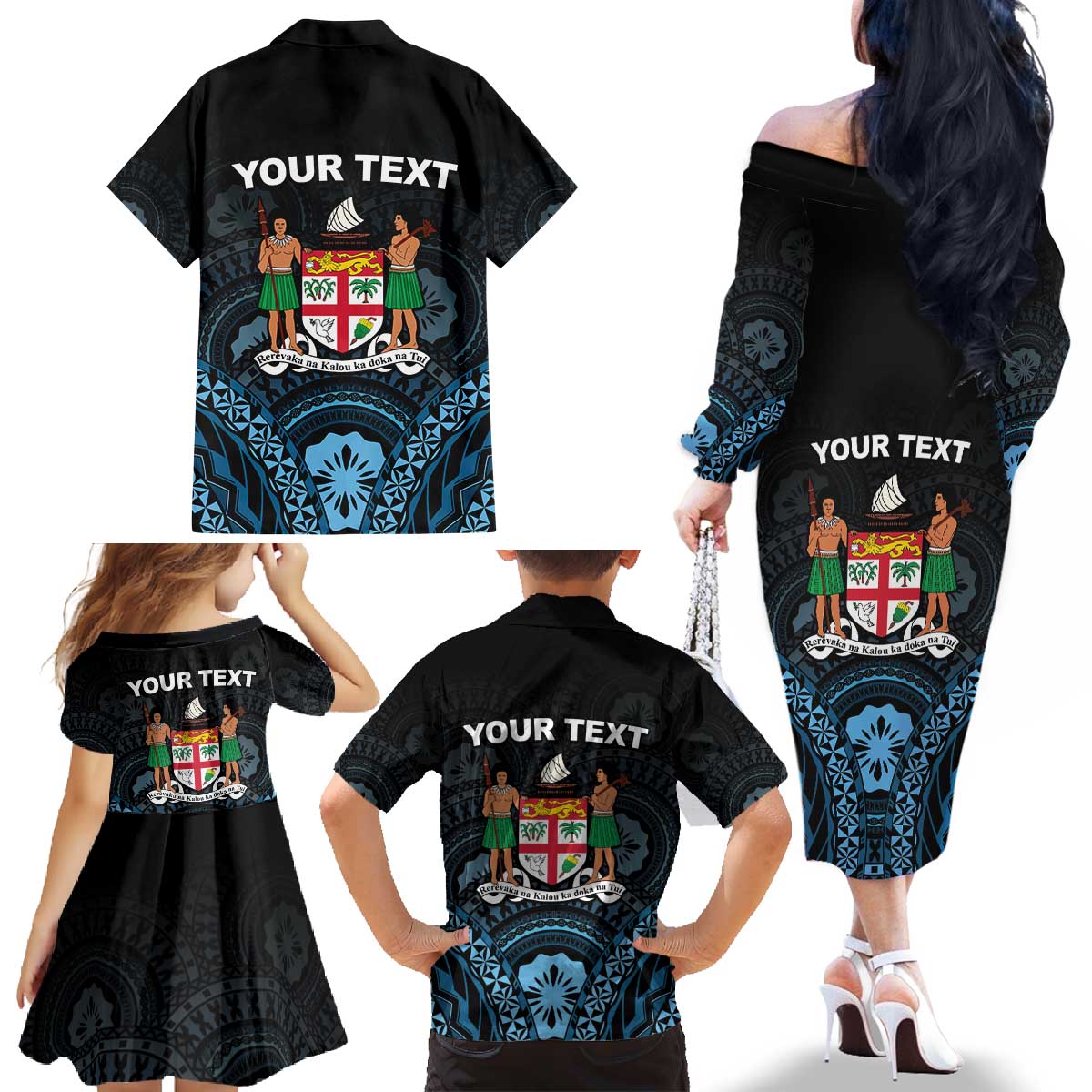 Personalised Happy Fiji Day 1970 Family Matching Off The Shoulder Long Sleeve Dress and Hawaiian Shirt Flag Grunge Style LT05 - Polynesian Pride