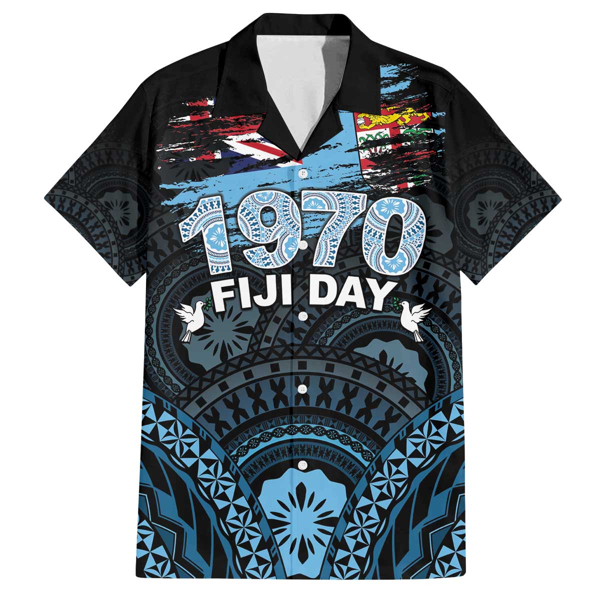 Personalised Happy Fiji Day 1970 Family Matching Off The Shoulder Long Sleeve Dress and Hawaiian Shirt Flag Grunge Style LT05 Dad's Shirt - Short Sleeve Black - Polynesian Pride