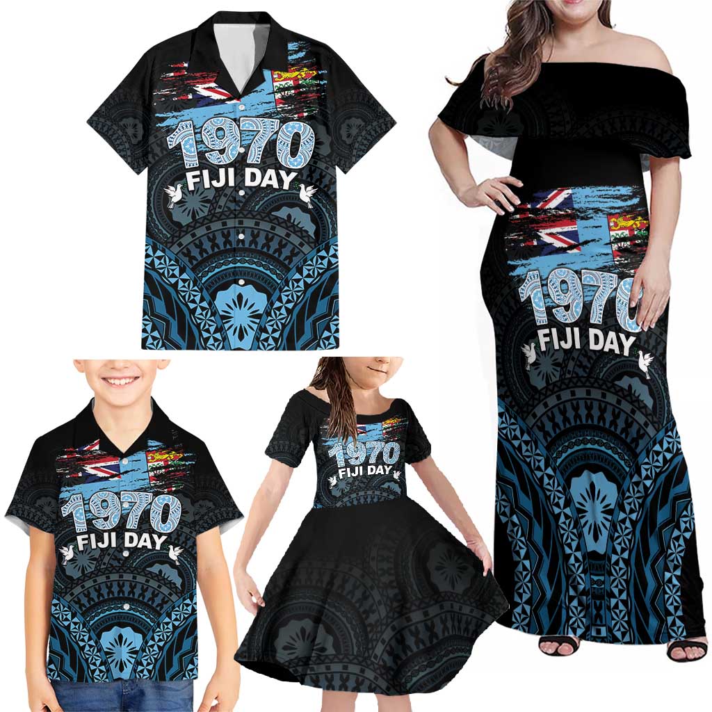 Personalised Happy Fiji Day 1970 Family Matching Off Shoulder Maxi Dress and Hawaiian Shirt Flag Grunge Style LT05 - Polynesian Pride