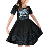 Personalised Happy Fiji Day 1970 Family Matching Off Shoulder Short Dress and Hawaiian Shirt Flag Grunge Style LT05 Daughter's Dress Black - Polynesian Pride
