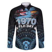 Personalised Happy Fiji Day 1970 Family Matching Off Shoulder Short Dress and Hawaiian Shirt Flag Grunge Style LT05 Dad's Shirt - Long Sleeve Black - Polynesian Pride