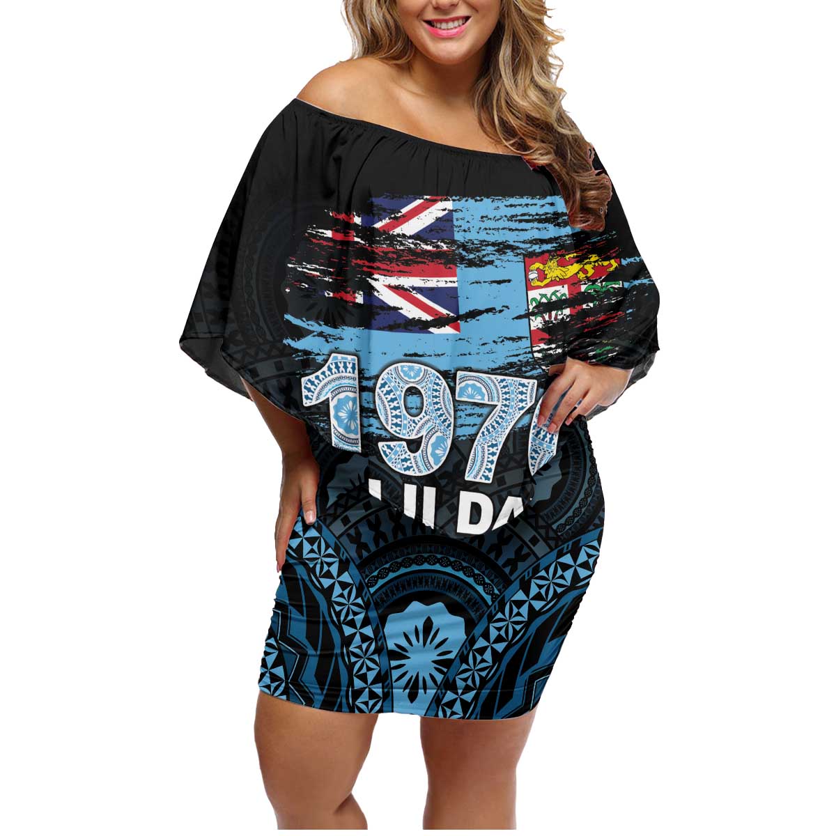 Personalised Happy Fiji Day 1970 Family Matching Off Shoulder Short Dress and Hawaiian Shirt Flag Grunge Style LT05 Mom's Dress Black - Polynesian Pride