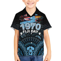 Personalised Happy Fiji Day 1970 Family Matching Off Shoulder Short Dress and Hawaiian Shirt Flag Grunge Style LT05 Son's Shirt Black - Polynesian Pride