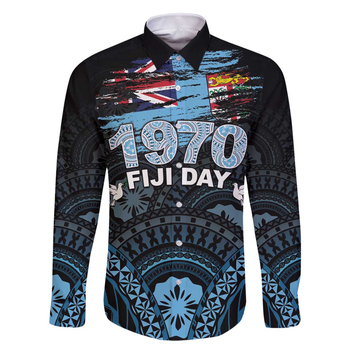 Personalised Happy Fiji Day 1970 Family Matching Puletasi and Hawaiian Shirt Flag Grunge Style LT05 Dad's Shirt - Long Sleeve Black - Polynesian Pride