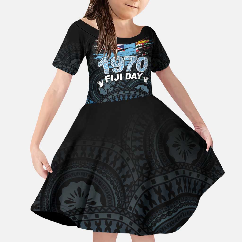 Personalised Happy Fiji Day 1970 Family Matching Short Sleeve Bodycon Dress and Hawaiian Shirt Flag Grunge Style LT05 Daughter's Dress Black - Polynesian Pride