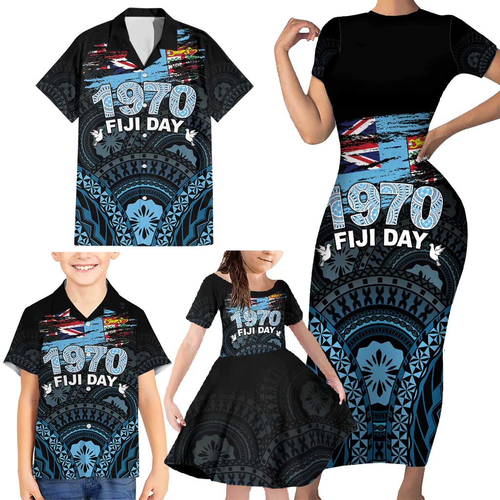 Personalised Happy Fiji Day 1970 Family Matching Short Sleeve Bodycon Dress and Hawaiian Shirt Flag Grunge Style LT05 - Polynesian Pride