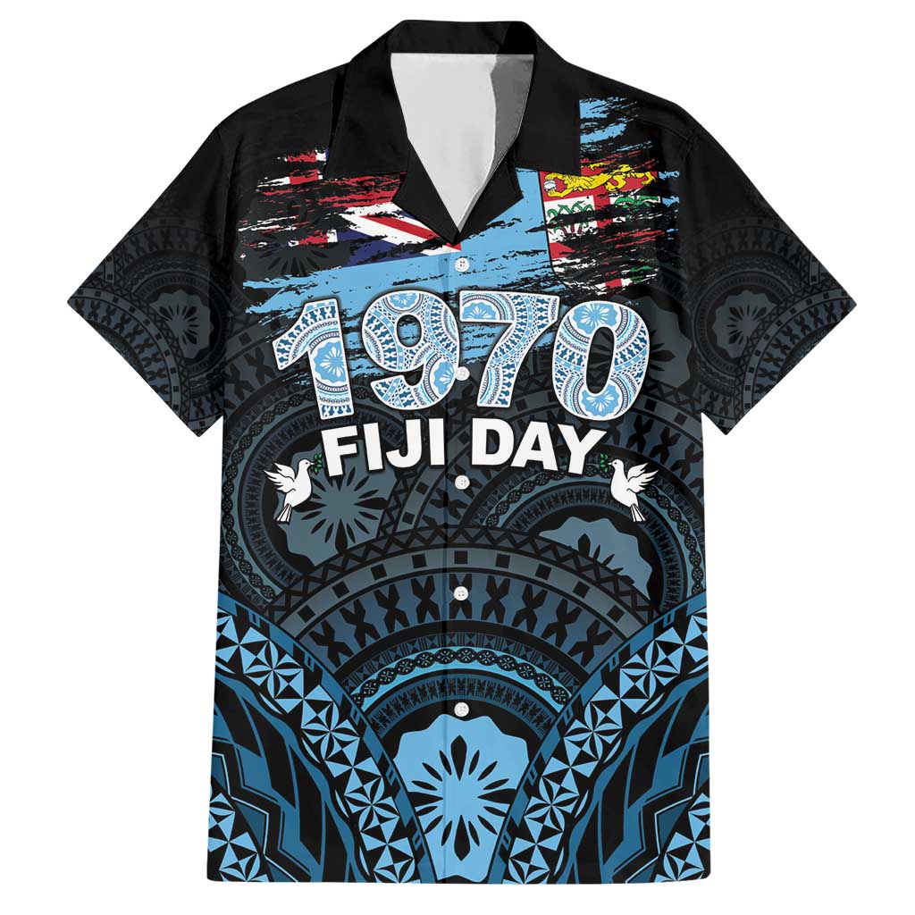 Personalised Happy Fiji Day 1970 Family Matching Short Sleeve Bodycon Dress and Hawaiian Shirt Flag Grunge Style LT05 Dad's Shirt - Short Sleeve Black - Polynesian Pride