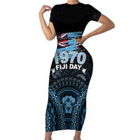 Personalised Happy Fiji Day 1970 Family Matching Short Sleeve Bodycon Dress and Hawaiian Shirt Flag Grunge Style LT05 Mom's Dress Black - Polynesian Pride