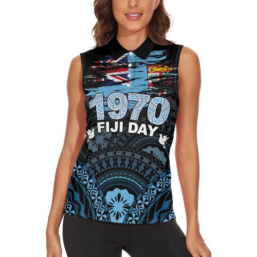 Personalised Happy Fiji Day 1970 Women Sleeveless Polo Shirt Flag Grunge Style