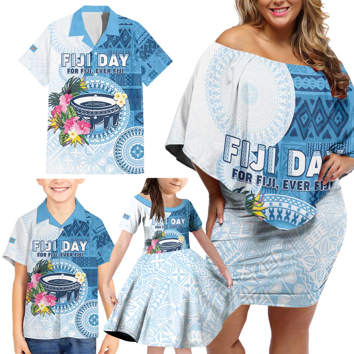 Fiji Day Family Matching Off Shoulder Short Dress and Hawaiian Shirt Proud To Be Fijian LT05 - Polynesian Pride
