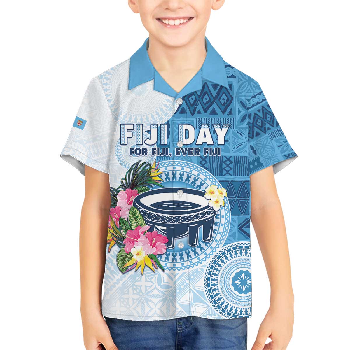 Fiji Day Family Matching Off Shoulder Short Dress and Hawaiian Shirt Proud To Be Fijian LT05 Son's Shirt Blue - Polynesian Pride