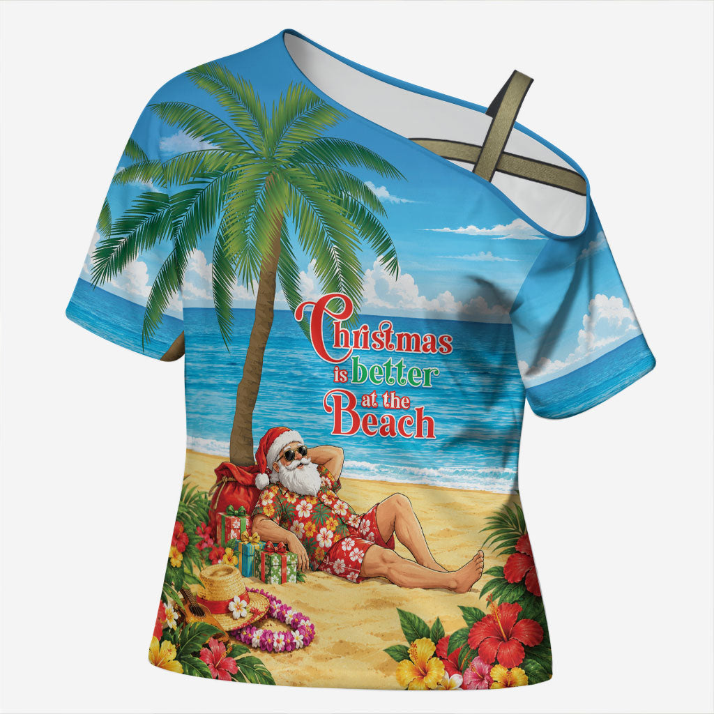 Hawaii Jolly Christmas Cross Shoulder Shirt Xmas Is Better At The Beach LT05 Female Blue - Polynesian Pride