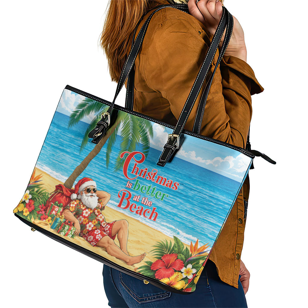 Hawaii Jolly Christmas Leather Tote Bag Xmas Is Better At The Beach LT05 - Polynesian Pride