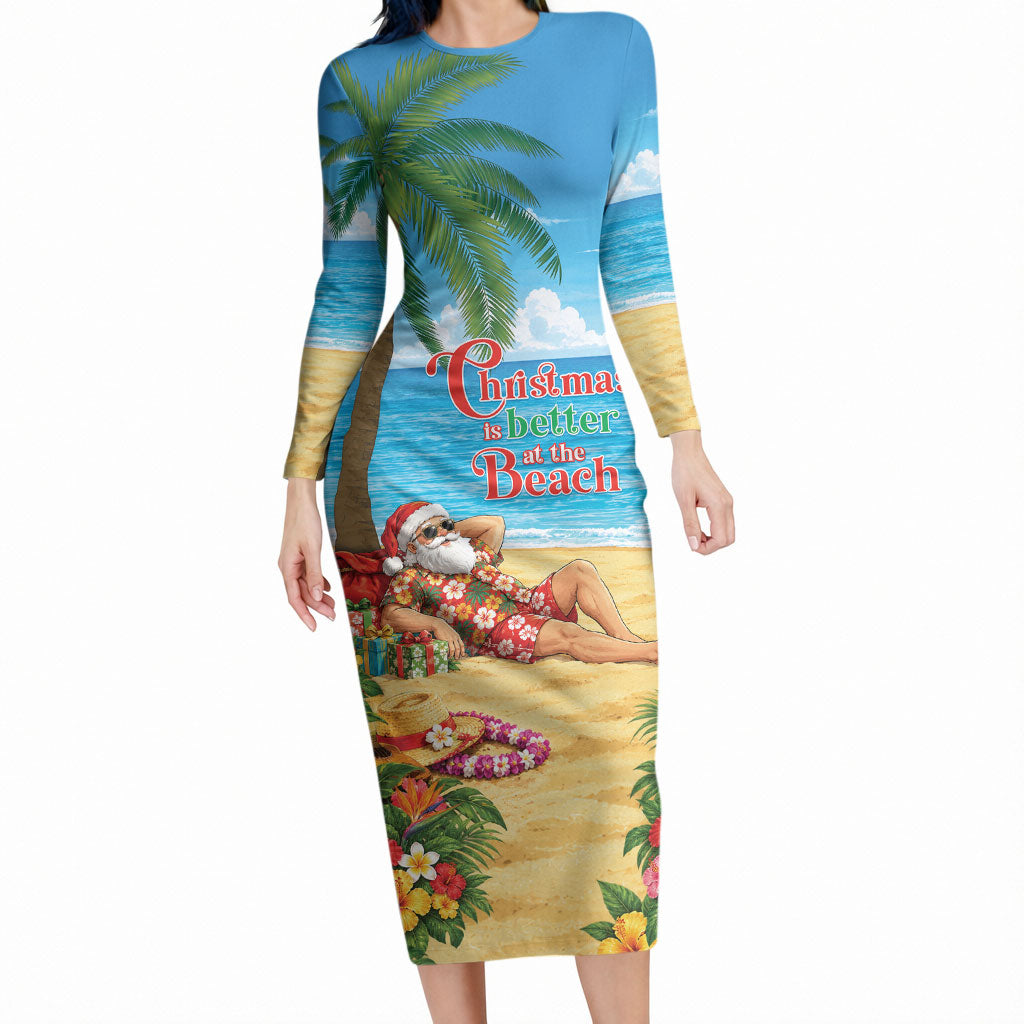 Hawaii Jolly Christmas Long Sleeve Bodycon Dress Xmas Is Better At The Beach LT05 Long Dress Blue - Polynesian Pride
