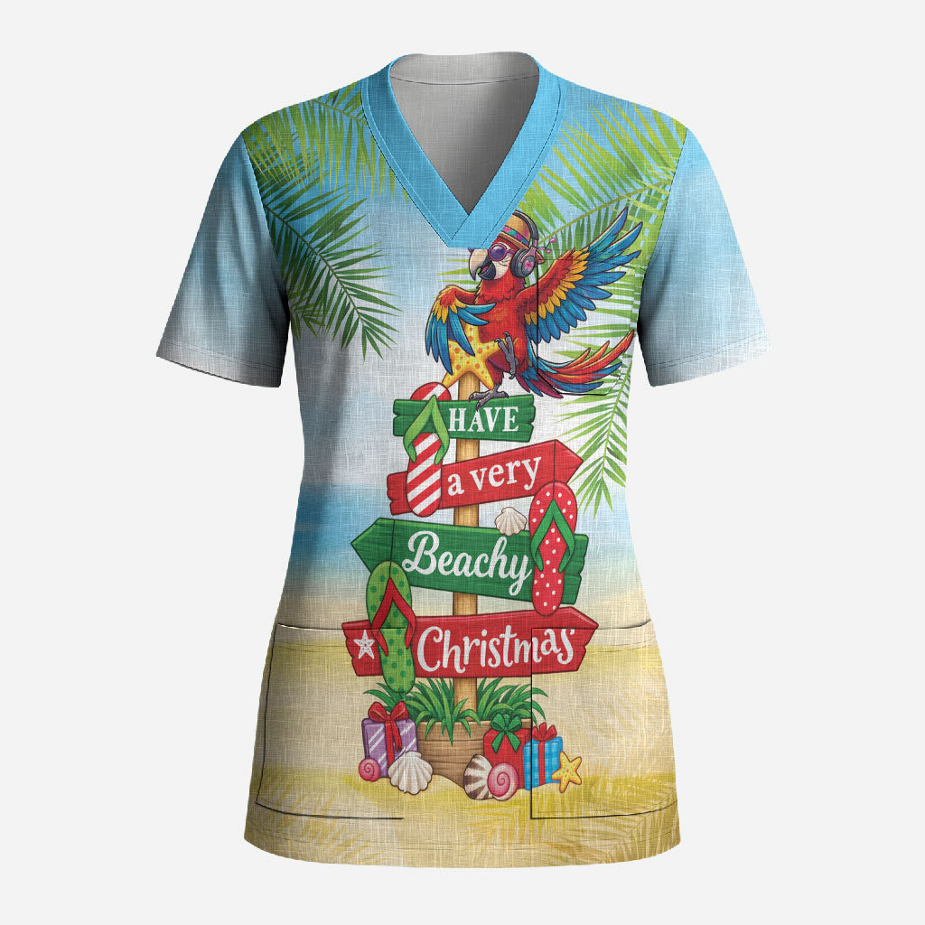 Hawaii Christmas Scrub Top Have A Very Beachy Christmas LT05 Adult Multicolor - Polynesian Pride