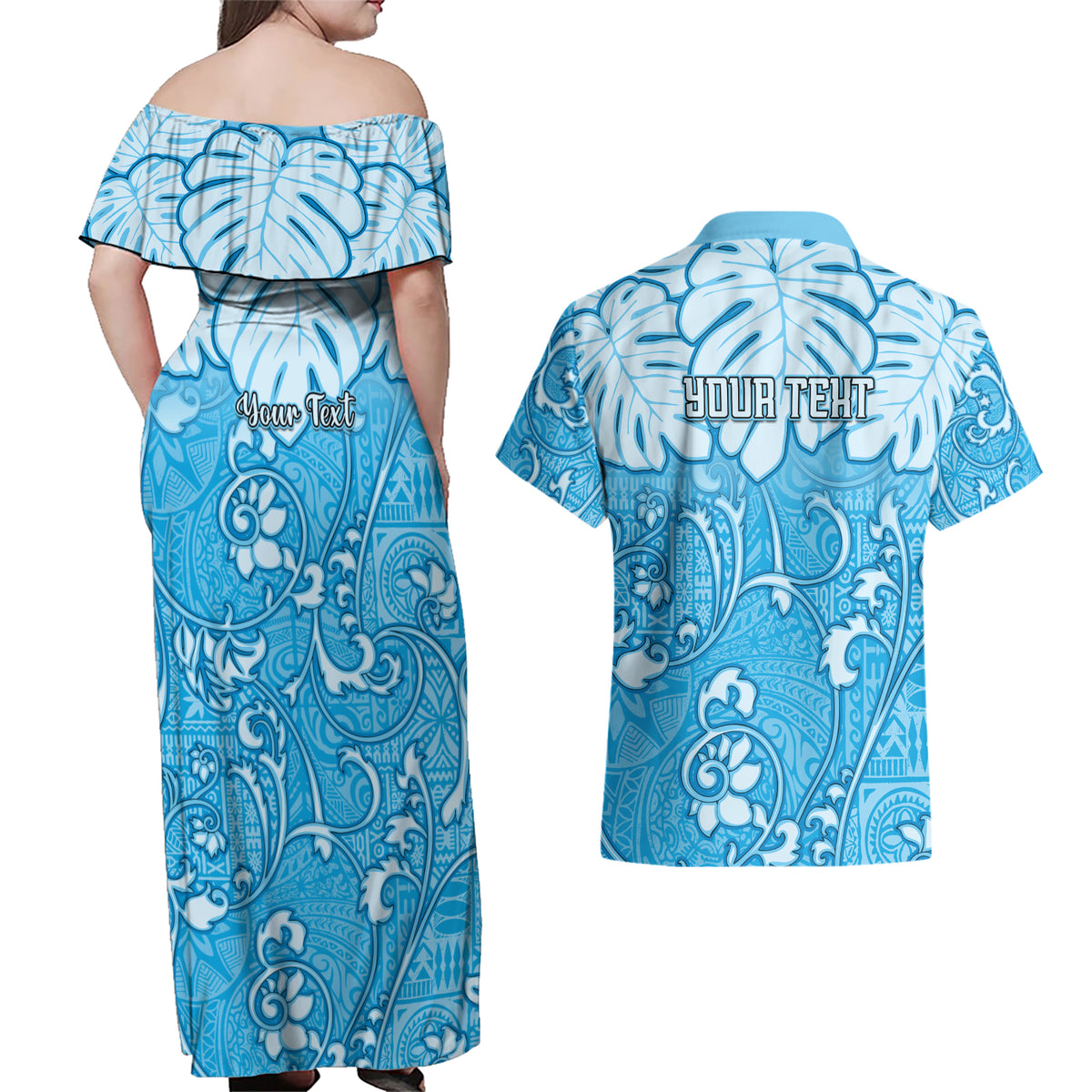 Personalized Fiji Spring Break Couples Matching Off Shoulder Maxi Dress and Hawaiian Shirt Fijian Tapa Pattern Blue LT05 - Polynesian Pride